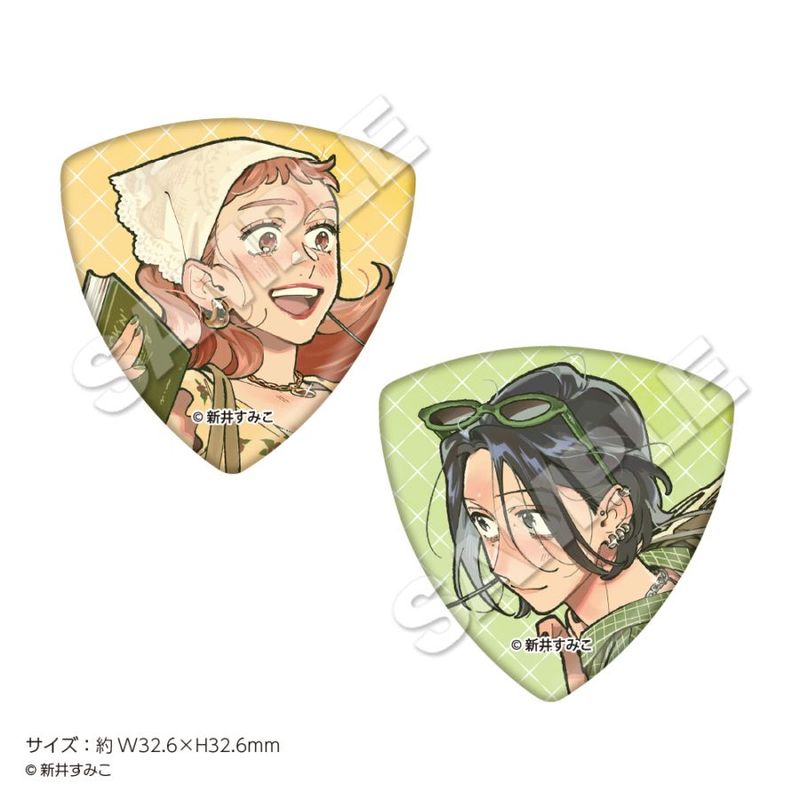 Two illustrated triangular plastic guitar picks displaying character artwork on a white background.