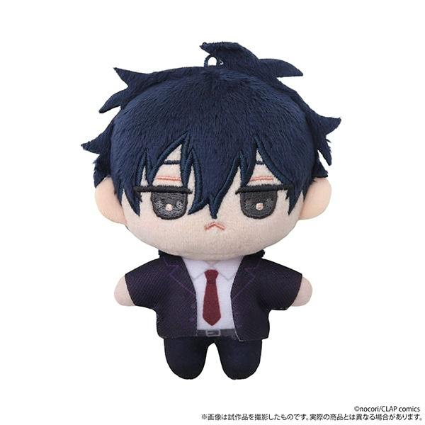 Front view of the plush mascot "柳瀬 はじめ" wearing a dark suit and red tie.