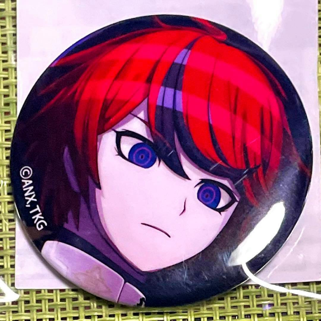 Close-up photo of a round can badge showing an illustrated red- and black-haired character's face with purple eyes.