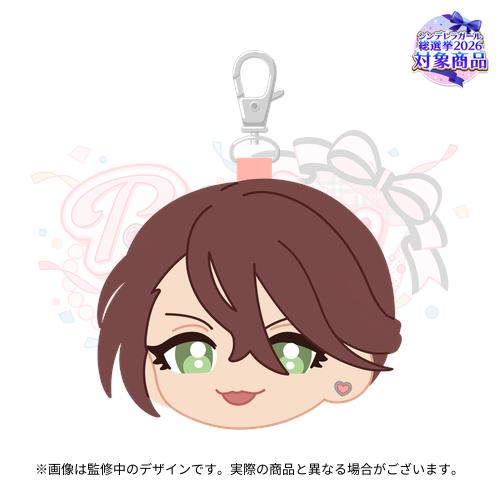 Illustrated front view of the official plush pass case keychain for 篠原 礼 showing a chibi head with green eyes, short brown hair, a small heart cheek mark, and a metal clip.