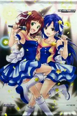 B2 tapestry showing two Idolmaster characters, Haruka Amami and Chihaya Kisaragi, in matching blue idol outfits holding microphones.