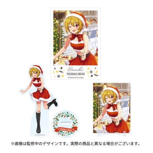 A set showing the Tsubasa Ibuki acrylic panel and matching die-cut stand with a Christmas-themed illustration.
