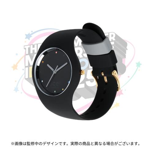 Black wristwatch with round black dial, small colored hour markers, and black strap shown at an angle.