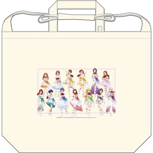Illustration of a cotton tote bag with a centered print showing multiple Idolmaster characters.