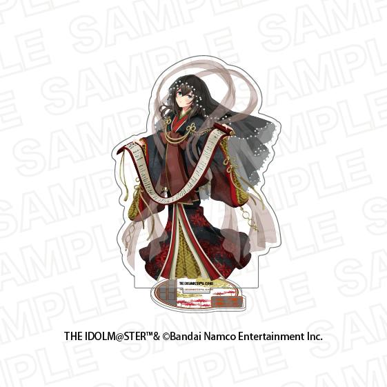 A product image of an acrylic stand showing an illustrated female character in a red and black kimono-style outfit on its base, with SAMPLE watermark and copyright text.