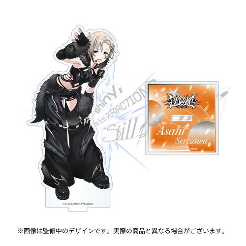 Acrylic stand of Asahi Serizawa (Still blue ver.) showing the character figure and the included square orange base on a white background.