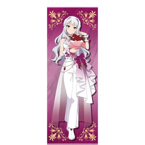 A vertical life-size tapestry showing a full-body illustration of Takane Shijou (The Idolmaster) holding a bouquet against a purple decorative background.