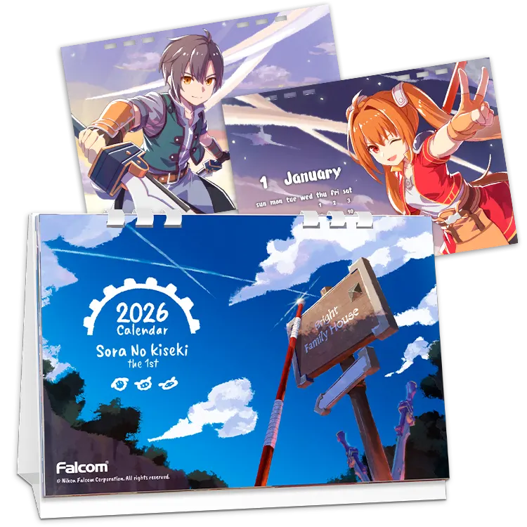 Photograph of the 2026 "Sora No Kiseki the 1st" desk calendar showing the cover and two sample monthly pages with character illustrations.