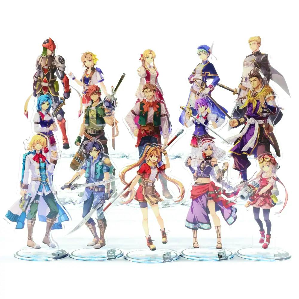 Multiple acrylic character stands arranged on round bases, shown together in a group.