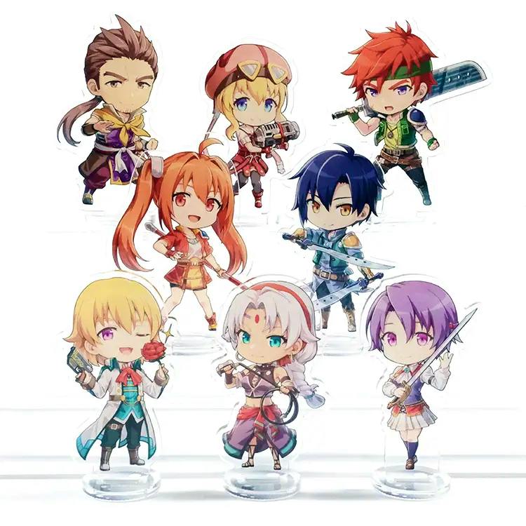 Eight chibi-style acrylic character stands from the product arranged on clear bases against a white background.
