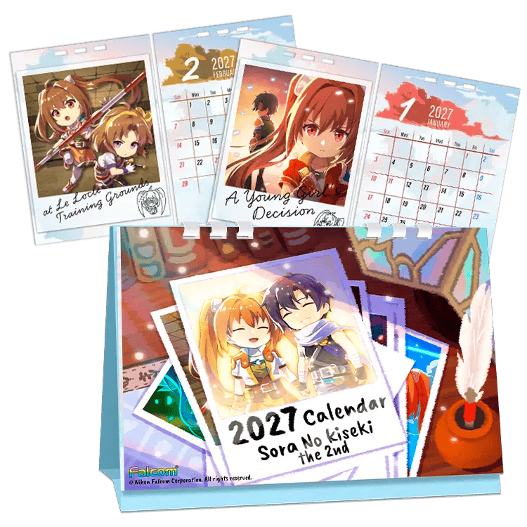 Desk calendar titled "空の軌跡 the 2nd 卓上カレンダー2027" showing the standing calendar with an illustrated cover and sample monthly pages.