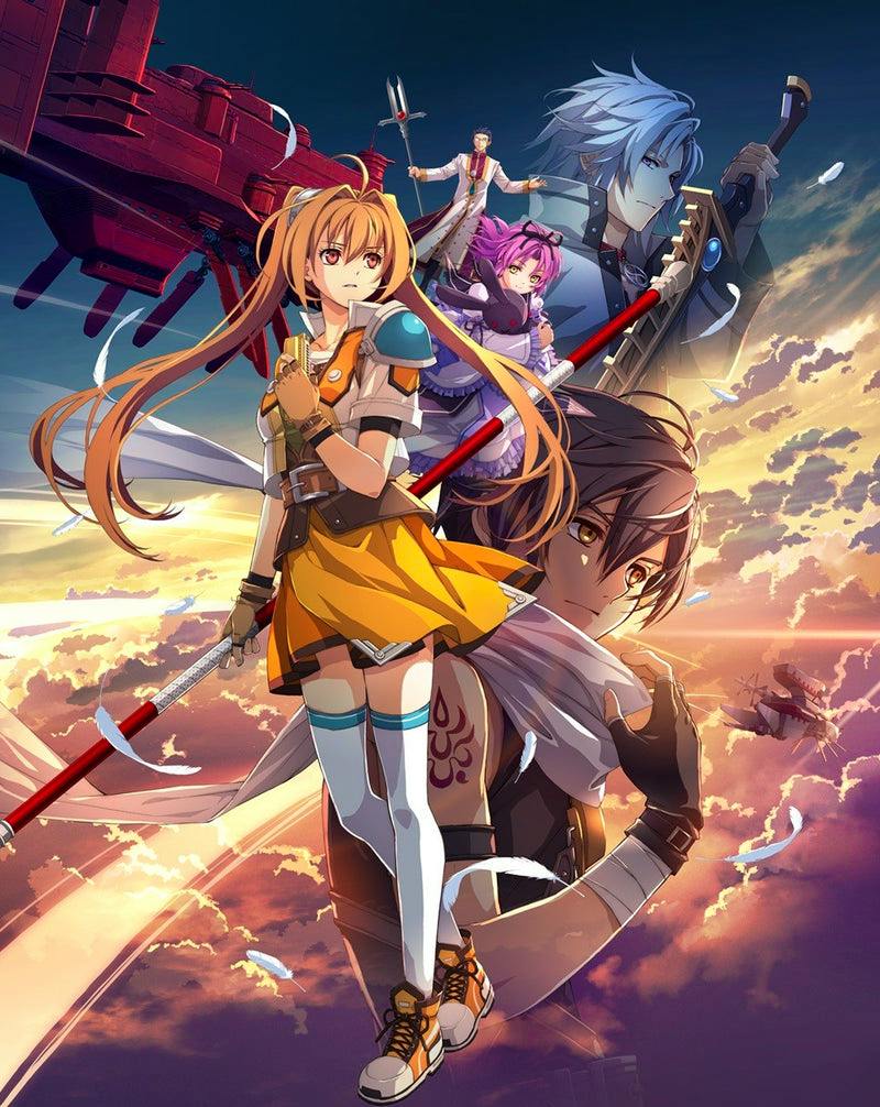 Illustrated cover art showing multiple anime characters and airships against a sunset sky.