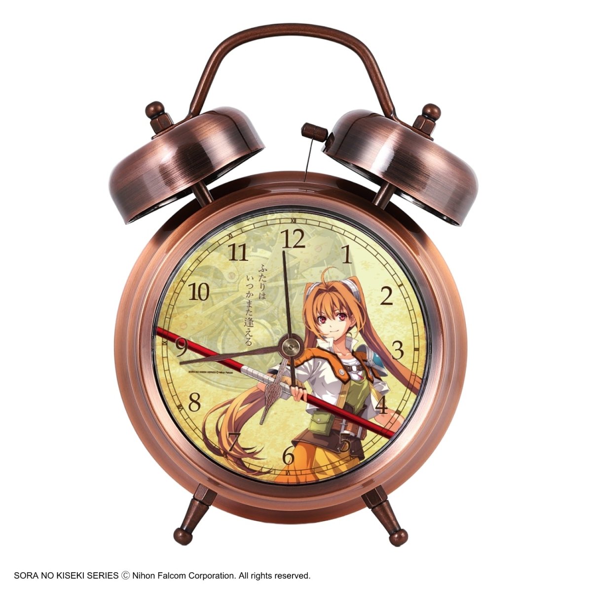 Copper-colored twin-bell alarm clock with Estelle character artwork on the clock face.
