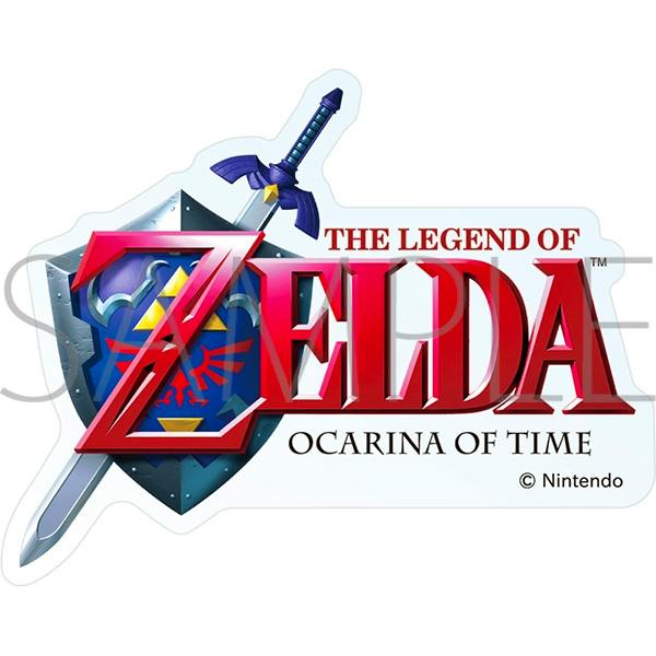 Clear die-cut sticker showing The Legend of Zelda: Ocarina of Time logo with Hylian Shield and Master Sword.