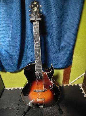 Sunburst Loar LH-650 acoustic guitar on a stand in front of blue curtains.