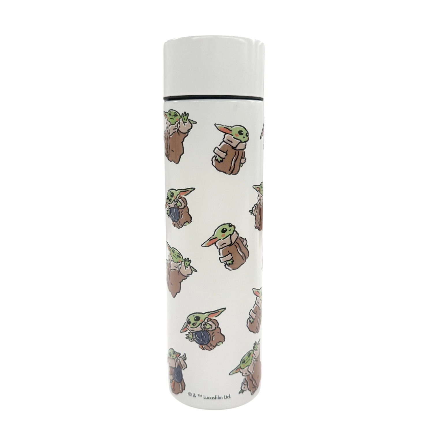 White stainless steel tumbler with a repeating Grogu (Baby Yoda) pattern printed all over.