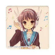 Square ceramic coaster showing an illustration of Nagato from the Haruhi Suzumiya series wearing headphones with colorful musical notes around her.