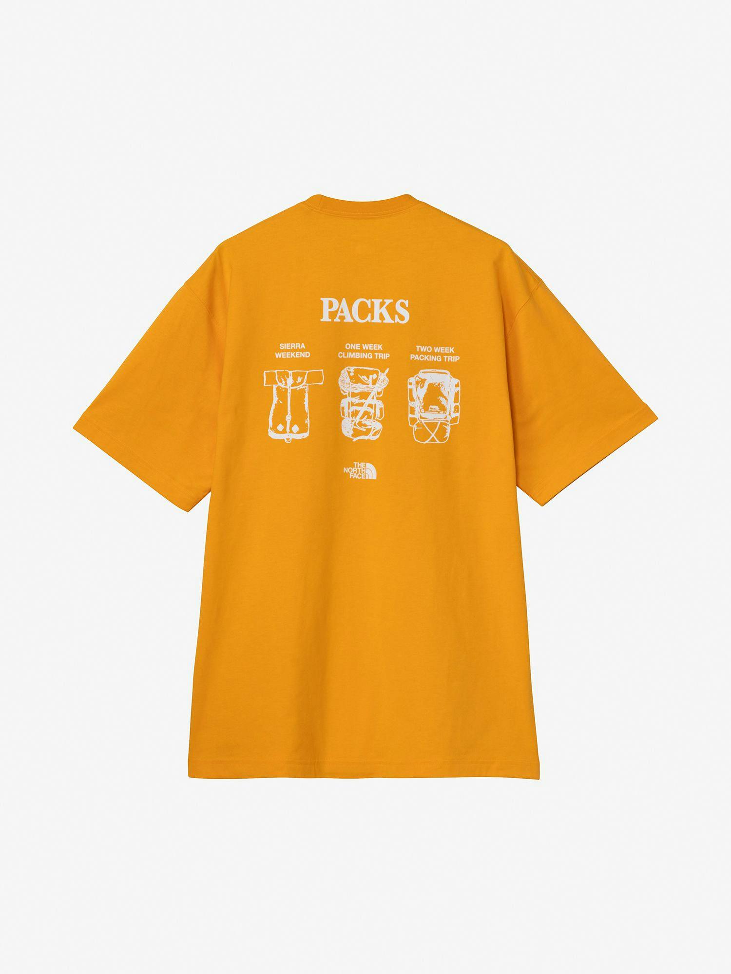 Back view of an orange men's short-sleeve cotton T-shirt showing a white "PACKS" graphic and three backpack illustrations.