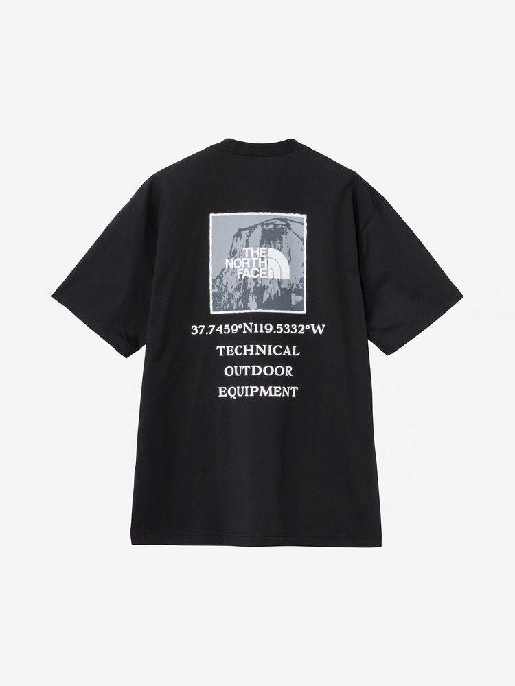 Back view of a black men's short-sleeve cotton T-shirt showing a square logo graphic and printed text on the back.