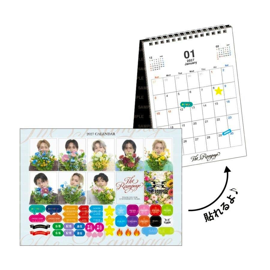 A desk calendar showing a January 2027 page alongside a sheet of schedule stickers featuring member photos and colorful label stickers.
