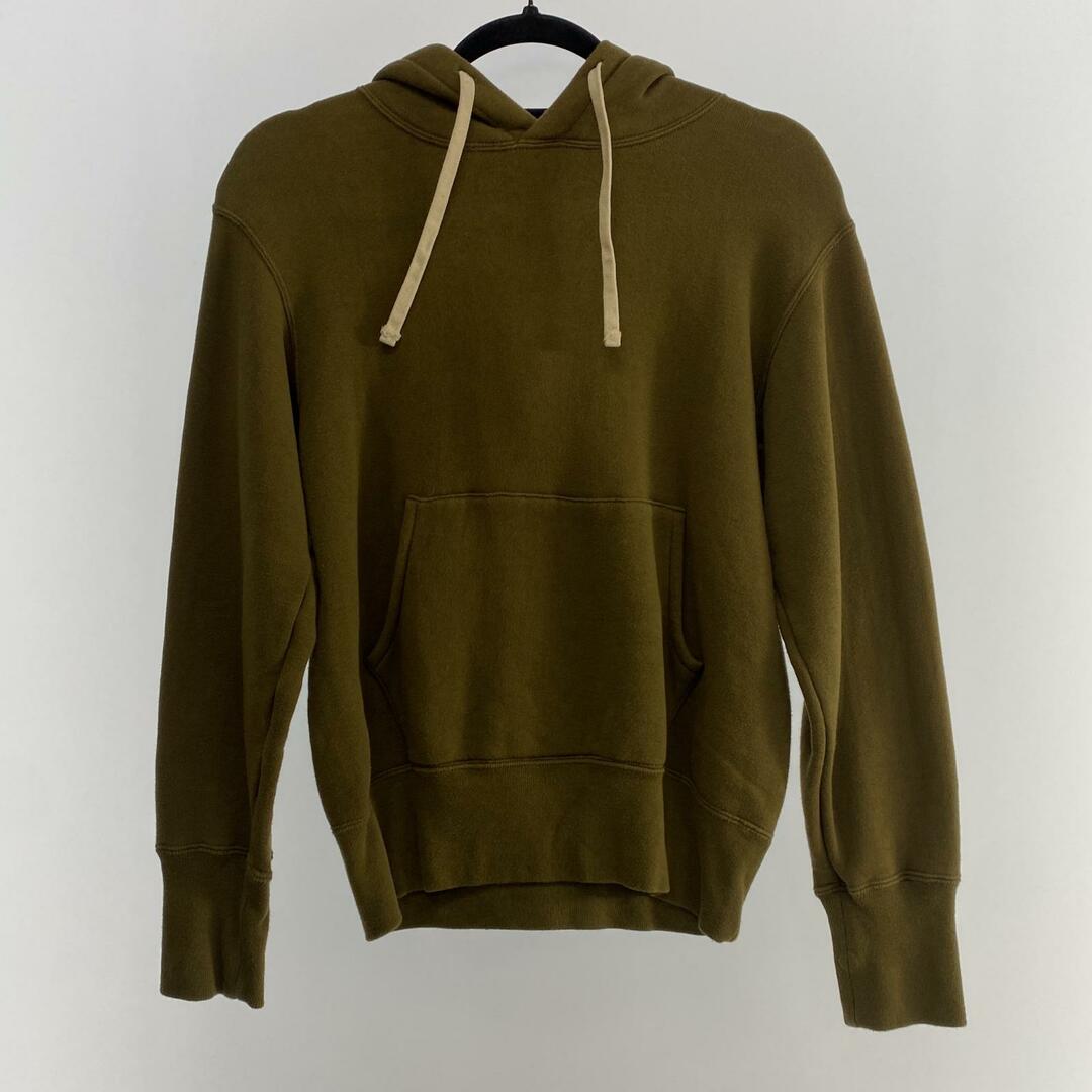 Olive The REAL McCOY'S 10oz loopwheel hooded sweatshirt with kangaroo pocket and cream drawstrings hanging on a hanger.