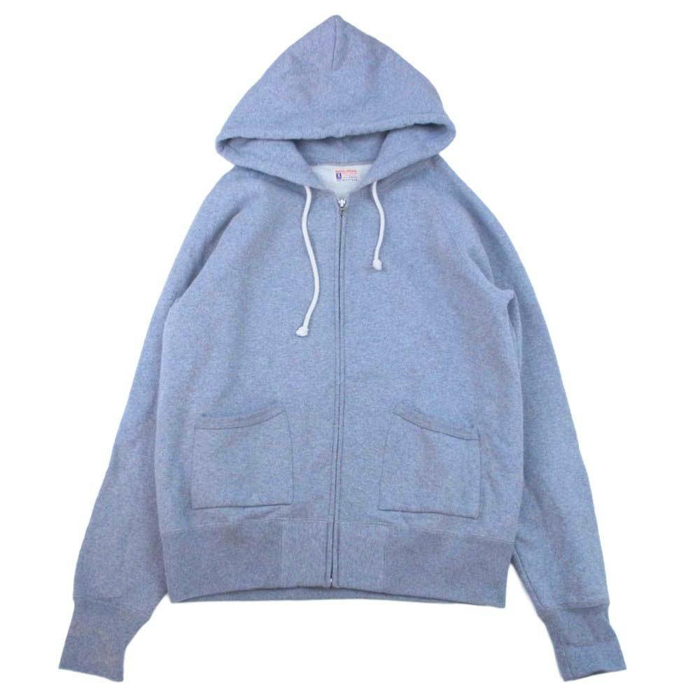 Gray full-zip hooded sweatshirt laid flat showing front pockets, zipper, and drawstrings.