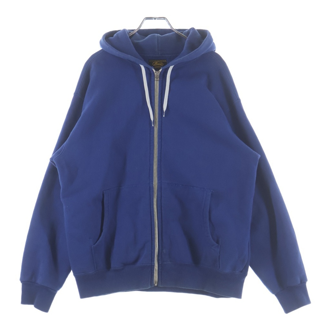 Front view of a blue THE REAL McCOY'S BUCO full-zip parka sweatshirt on a hanger showing hood, zipper, drawstrings, and front pockets.