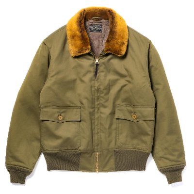 Front view of the men's Type B-10 cotton jacket with a fur collar, zipper closure, two flap pockets, and ribbed cuffs and hem.