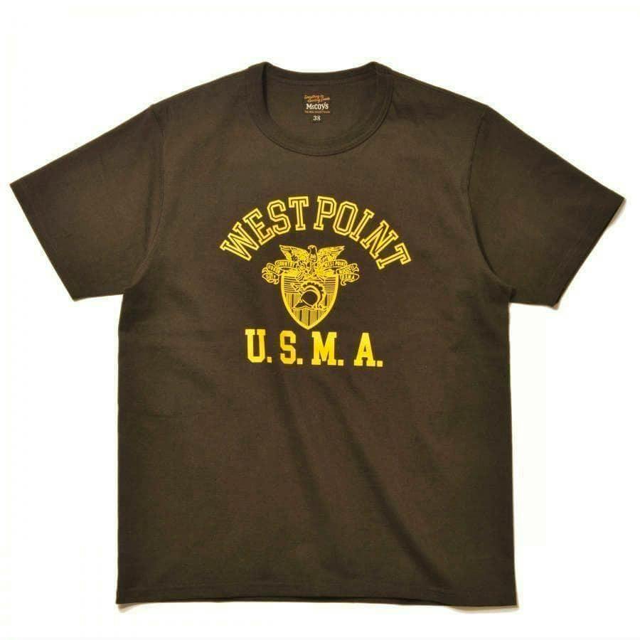 Front view of a cotton T-shirt showing a yellow "WEST POINT" crest and "U.S.M.A." print.