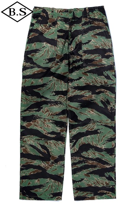Front view of men's cotton tiger-camouflage civilian trousers in John Wayne green.
