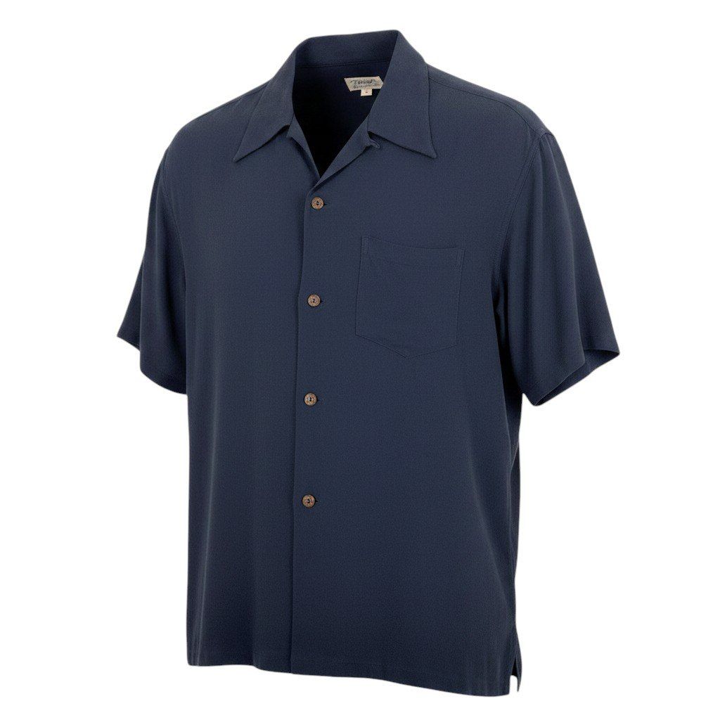 Navy short-sleeve open-collar men's cotton shirt with a chest pocket shown on a white background.