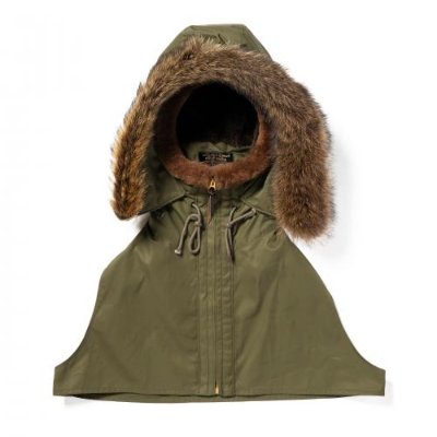 Olive-green women's cotton jacket with a fur-trimmed hood, front zipper, and drawstrings laid flat and facing forward.