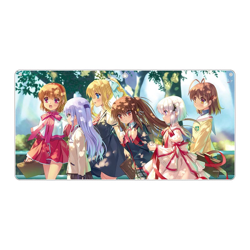 Wall acrylic plate showing six anime-style girls walking together against a tree-filled outdoor background.