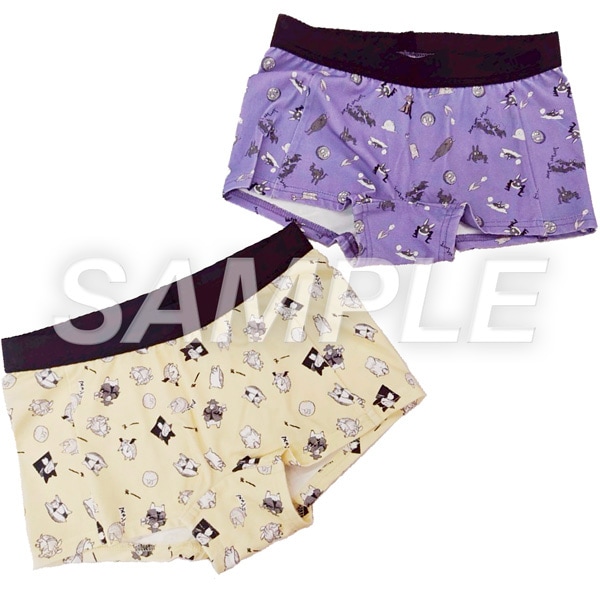Two pairs of men's boxer underwear with all-over printed character pattern, one purple and one beige, laid flat.