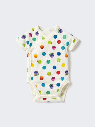 White short-sleeve front-opening baby bodysuit with a multicolored polka-dot pattern.