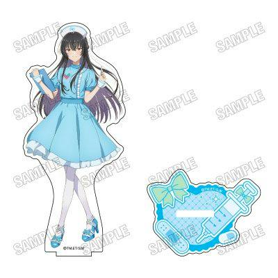 Colored illustration of the acrylic stand showing the character '琴 紗月' in a nurse outfit alongside its separate decorative base.