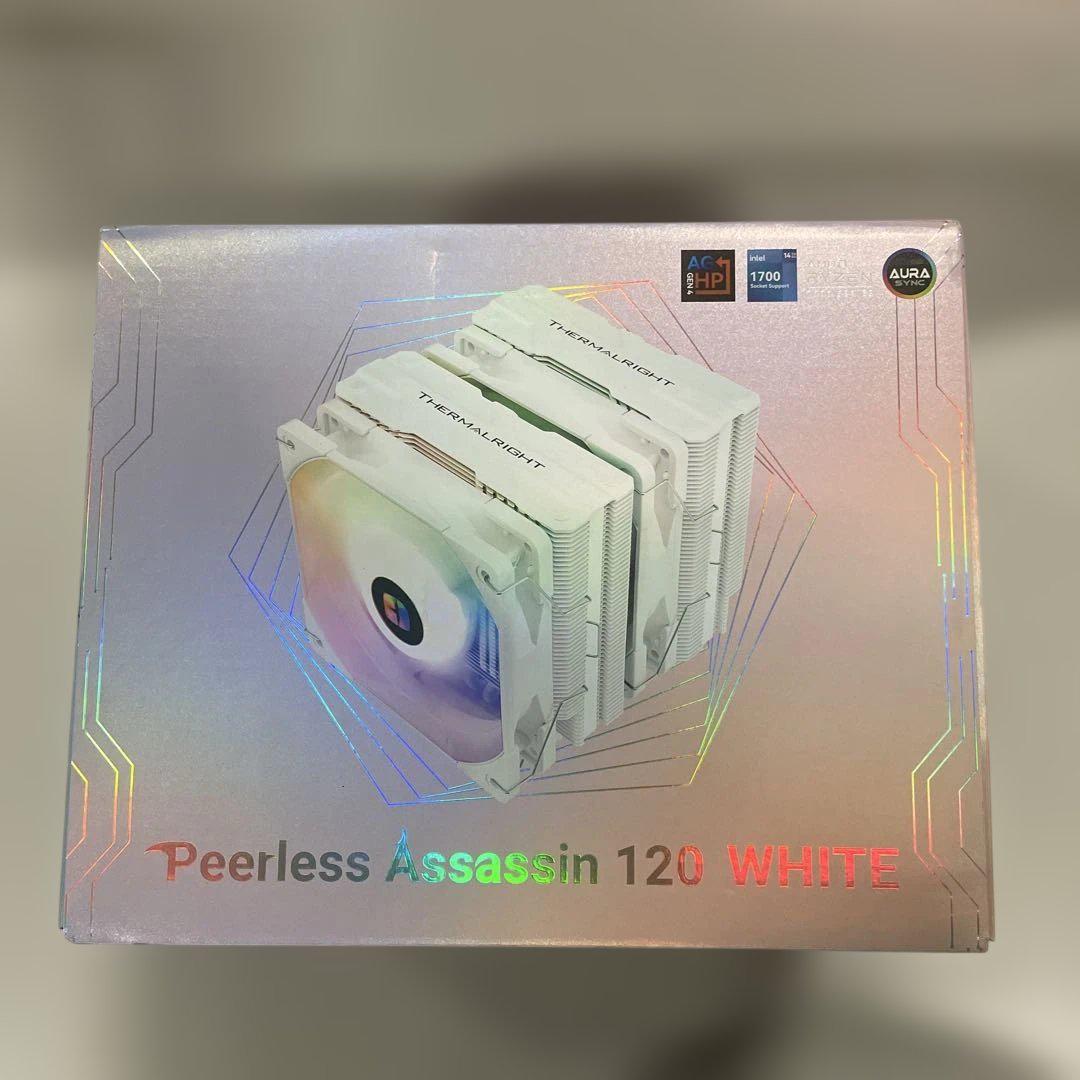 Front of the retail box showing the white THERMALRIGHT PA120 (Peerless Assassin 120 WHITE) ARGB CPU cooler pictured on the packaging.