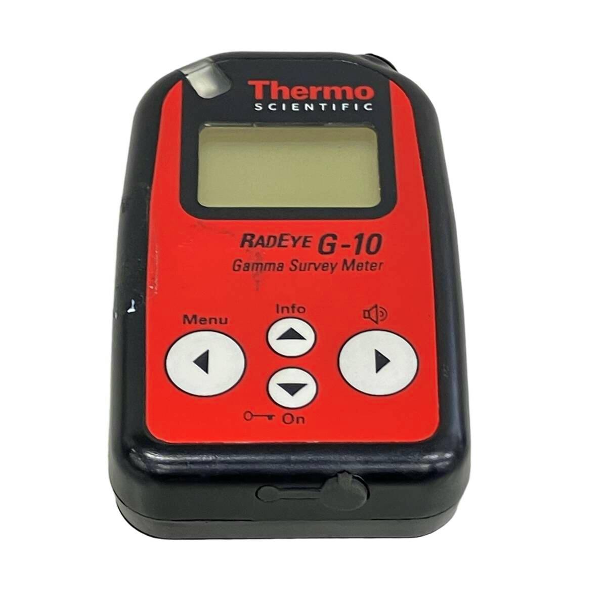 Front view of the Thermo RadEye G-10 gamma survey meter showing its display, control buttons, and red-and-black case.