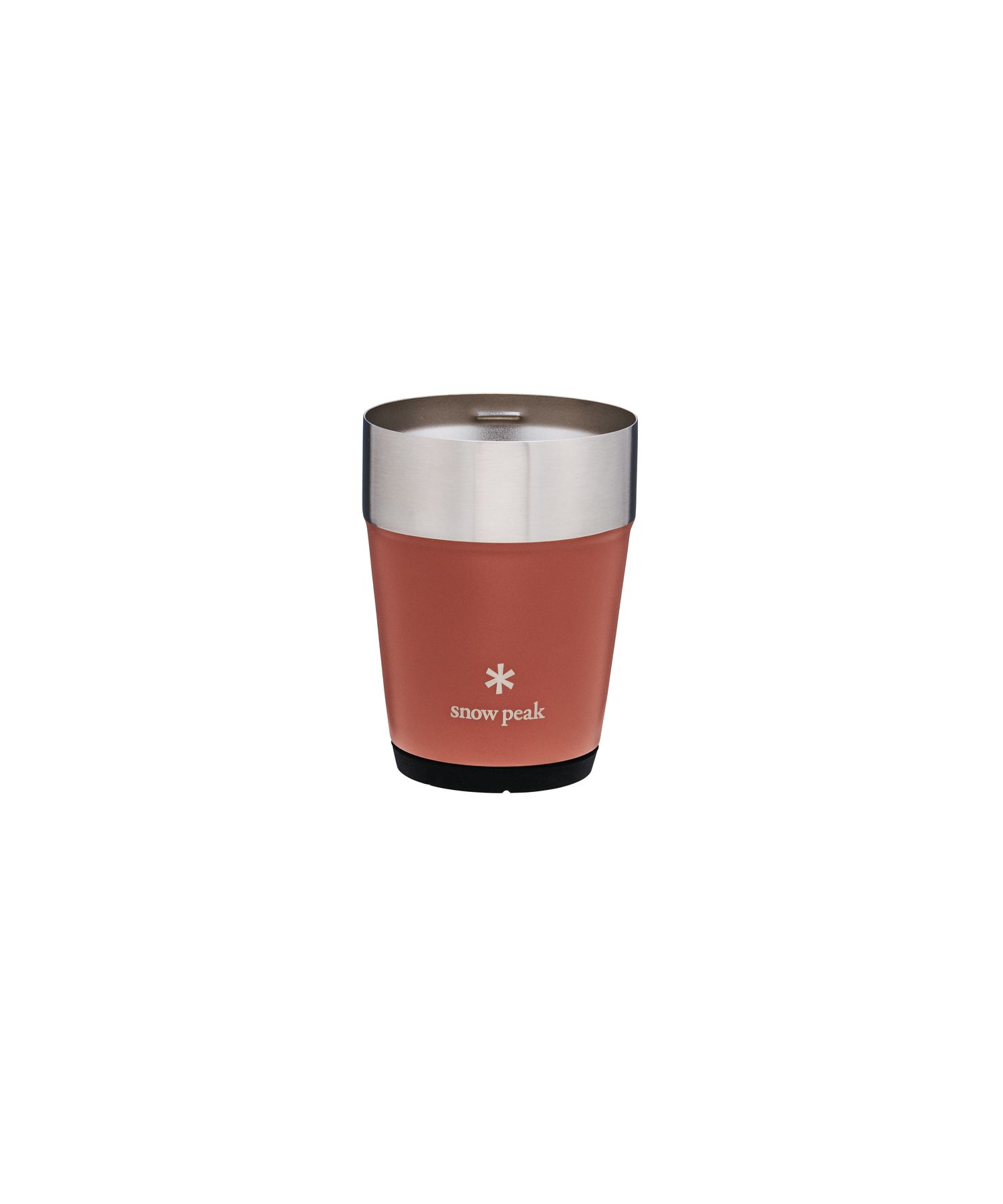 Terracotta-colored stainless steel thermal tumbler with a stainless rim and logo on a white background.