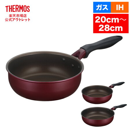 Red Thermos frypan (Durable Series) shown with two smaller pan views and gas/IH 20–28cm icons.