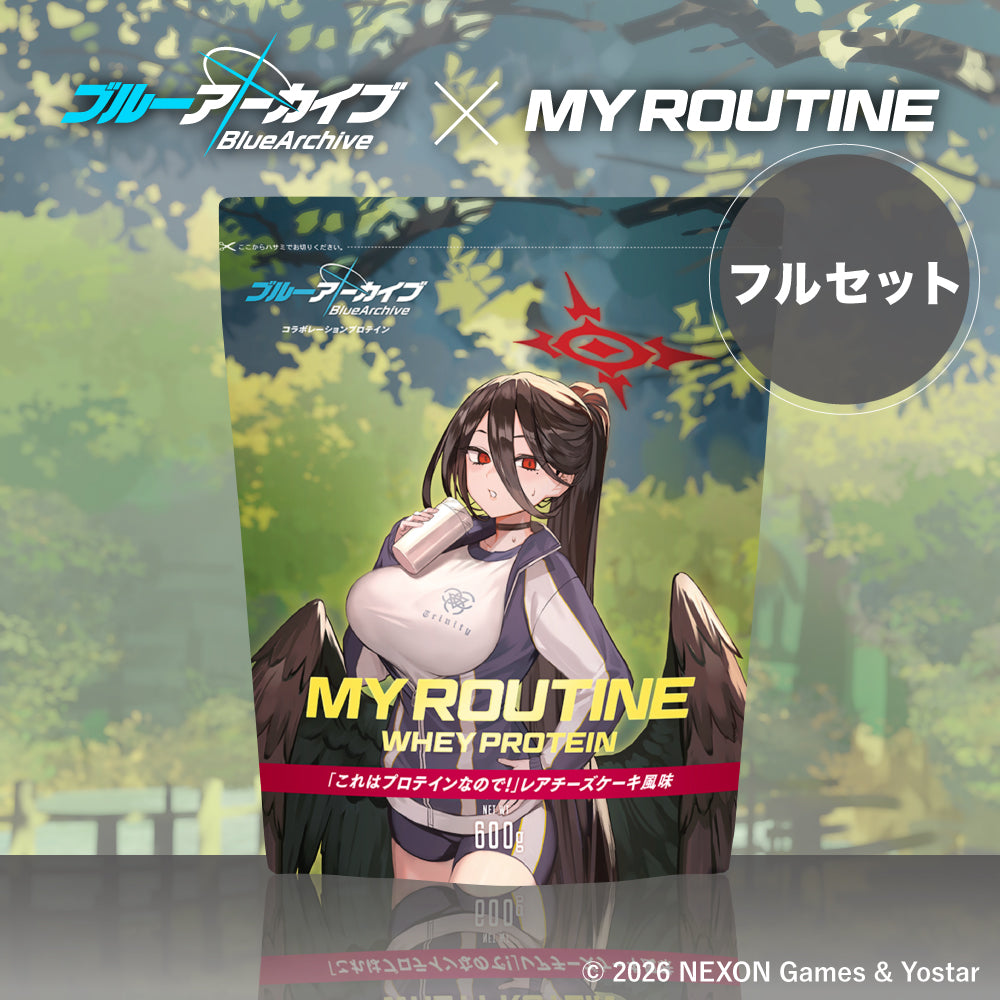Front view of the protein powder pouch labeled “MY ROUTINE Whey Protein” with anime character artwork and flavor text.
