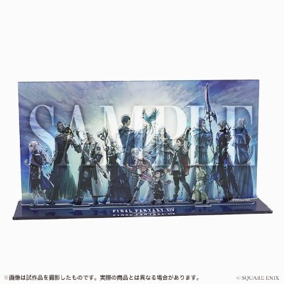 Acrylic diorama stand showing a row of character figures printed on clear panels mounted on a rectangular base.