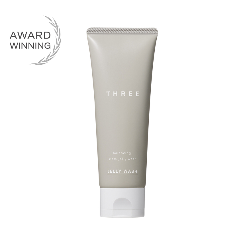 A tube of THREE Balancing Stem Jelly Wash face soap on a white background.