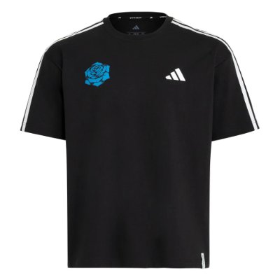 Front view of a black short-sleeve T-shirt with three white shoulder stripes, a small blue rose print, and a chest logo.