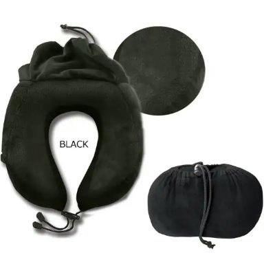 Black threepy U-shaped travel pillow shown with a drawstring storage pouch and a fabric close-up.