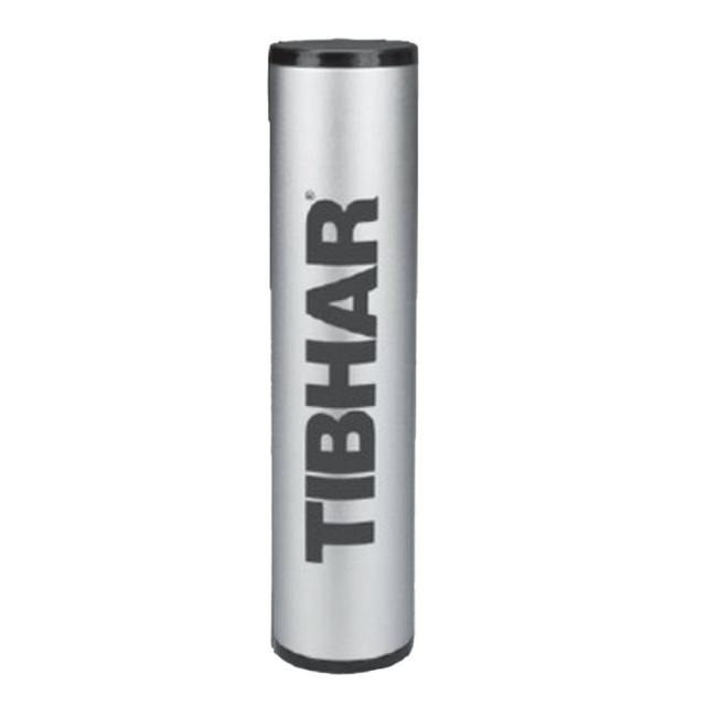 A silver cylindrical plastic ball case with the word "TIBHAR" printed vertically.