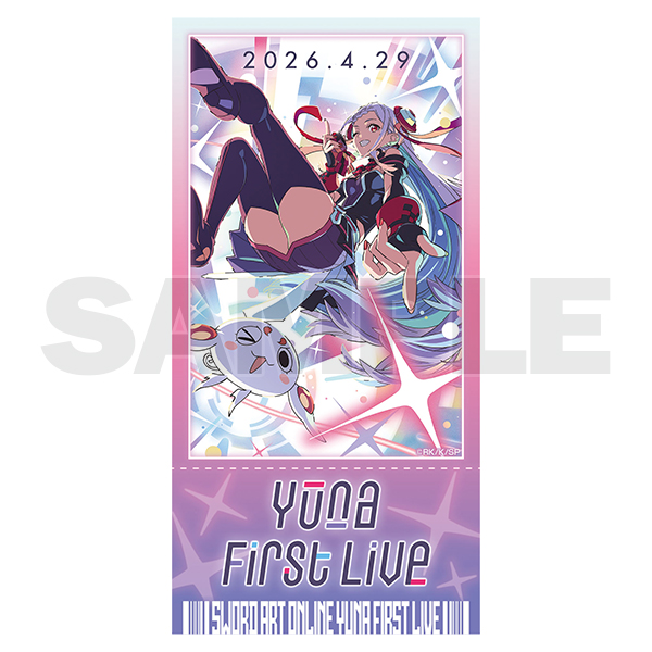 Ticket-style paper sticker showing an illustrated anime character with long hair, the date '2026.4.29', and the text 'YUNA First Live'.