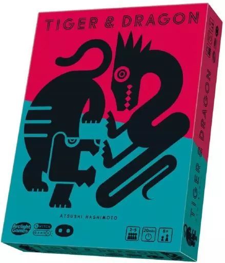 Photograph of the board game box for "Tiger & Dragon" showing a stylized tiger and dragon illustration on a red and teal background.