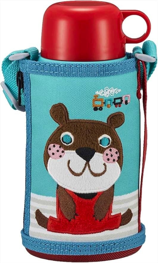 Tiger water bottle (600 ml) in a blue fabric pouch with an embroidered animal face and a red cup on top.