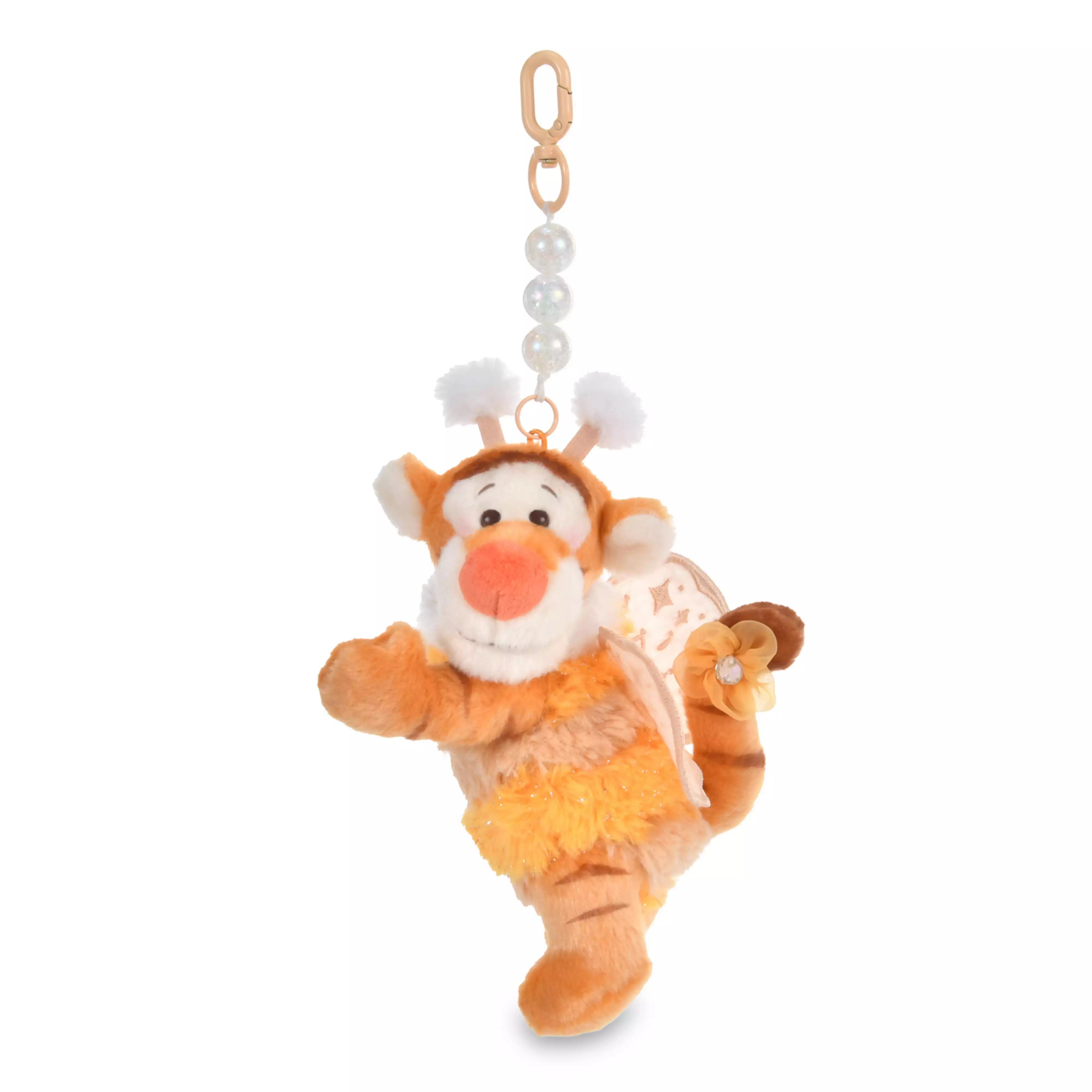 Tigger plush keychain with a gold clasp, pearl-bead chain, and small fairy-style wings.